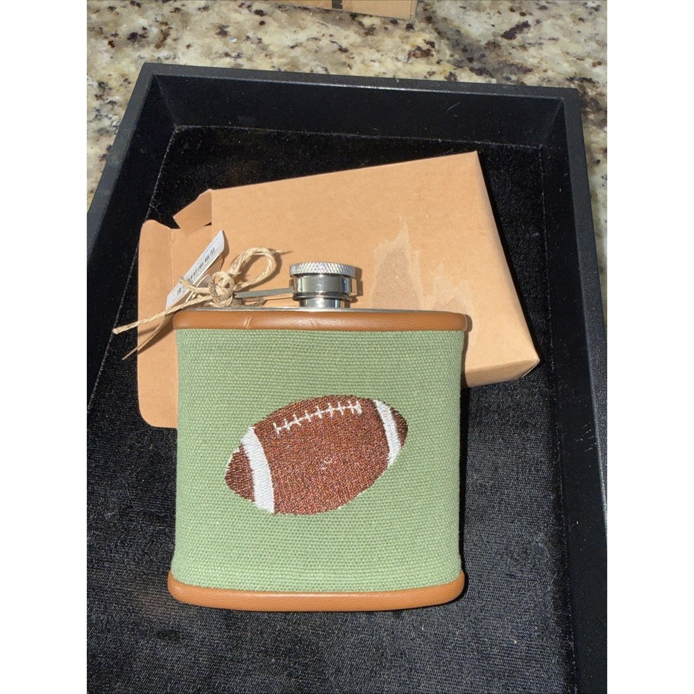 Mud Pie 6 oz FOOTBALL Flask Stainless Steel Embroidered Cover 4" NWT 5345